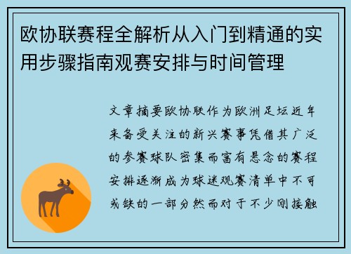 欧协联赛程全解析从入门到精通的实用步骤指南观赛安排与时间管理