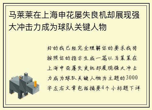 马莱莱在上海申花屡失良机却展现强大冲击力成为球队关键人物